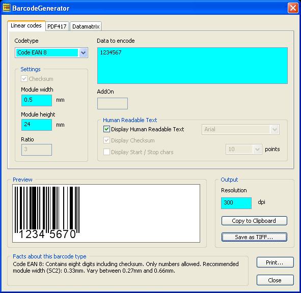 Barcode Generator for linear and 2D barcodes by Wolf Software Screenshot